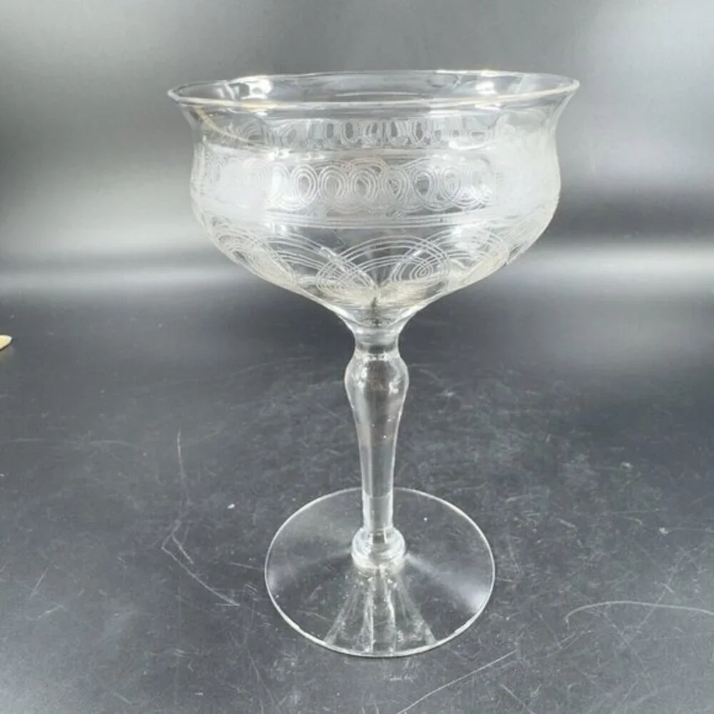 Antique French Glasses Needle Etched Green UV‎ Manganese 365nm Set 2 Drink Cups